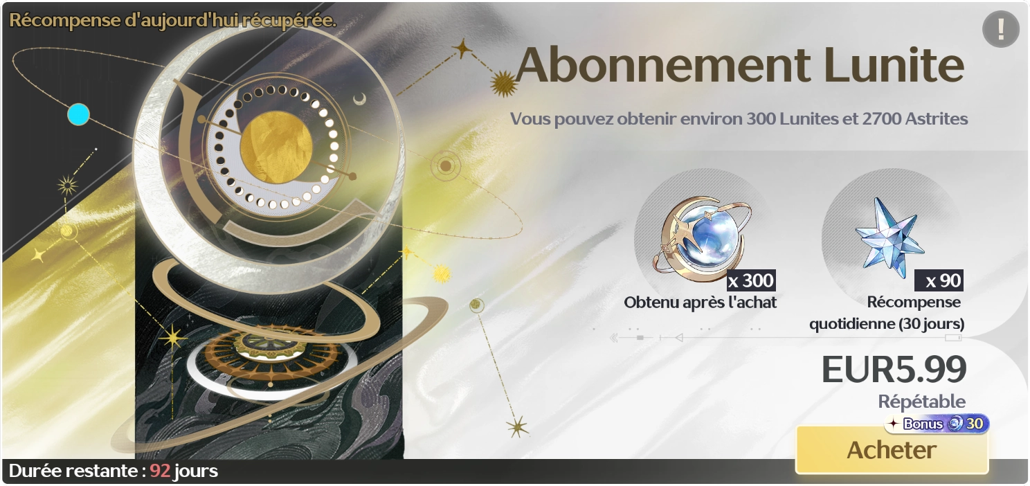 Abonnement Lunite mensuel meilleur pack Wuthering Waves tier S+